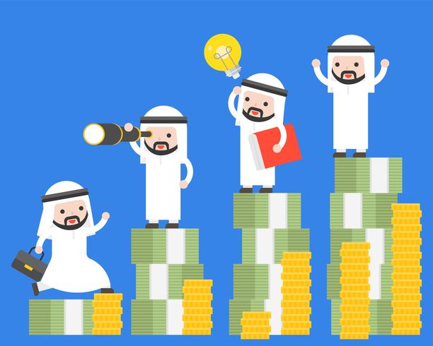 Verschillende Arabische zakenman en super zakenman staan op stapel geld vector