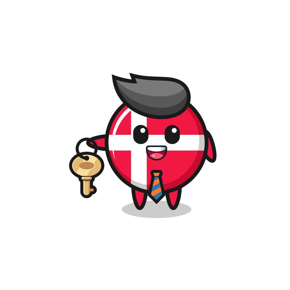 schattige vlag van Denemarken als mascotte van een makelaar vector