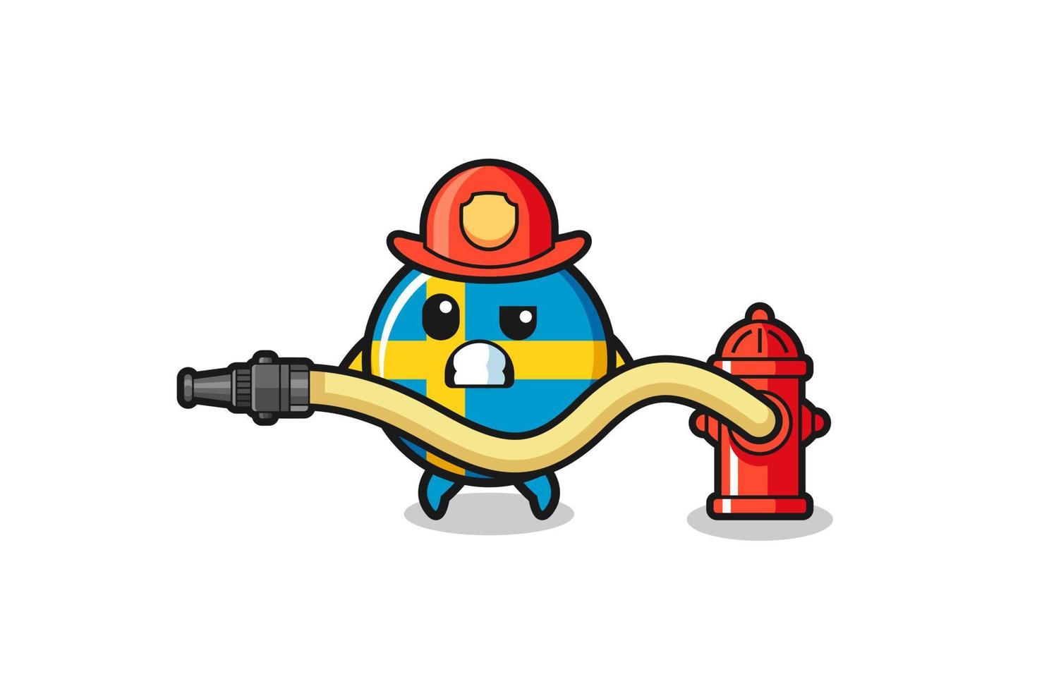 Zweedse vlag cartoon als brandweerman mascotte met waterslang vector