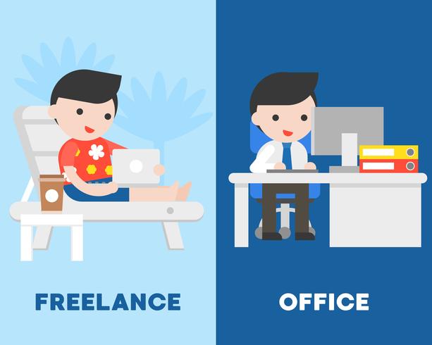 De zakenman in bureau en freelancer op ligstoel, vergelijkt concept vector