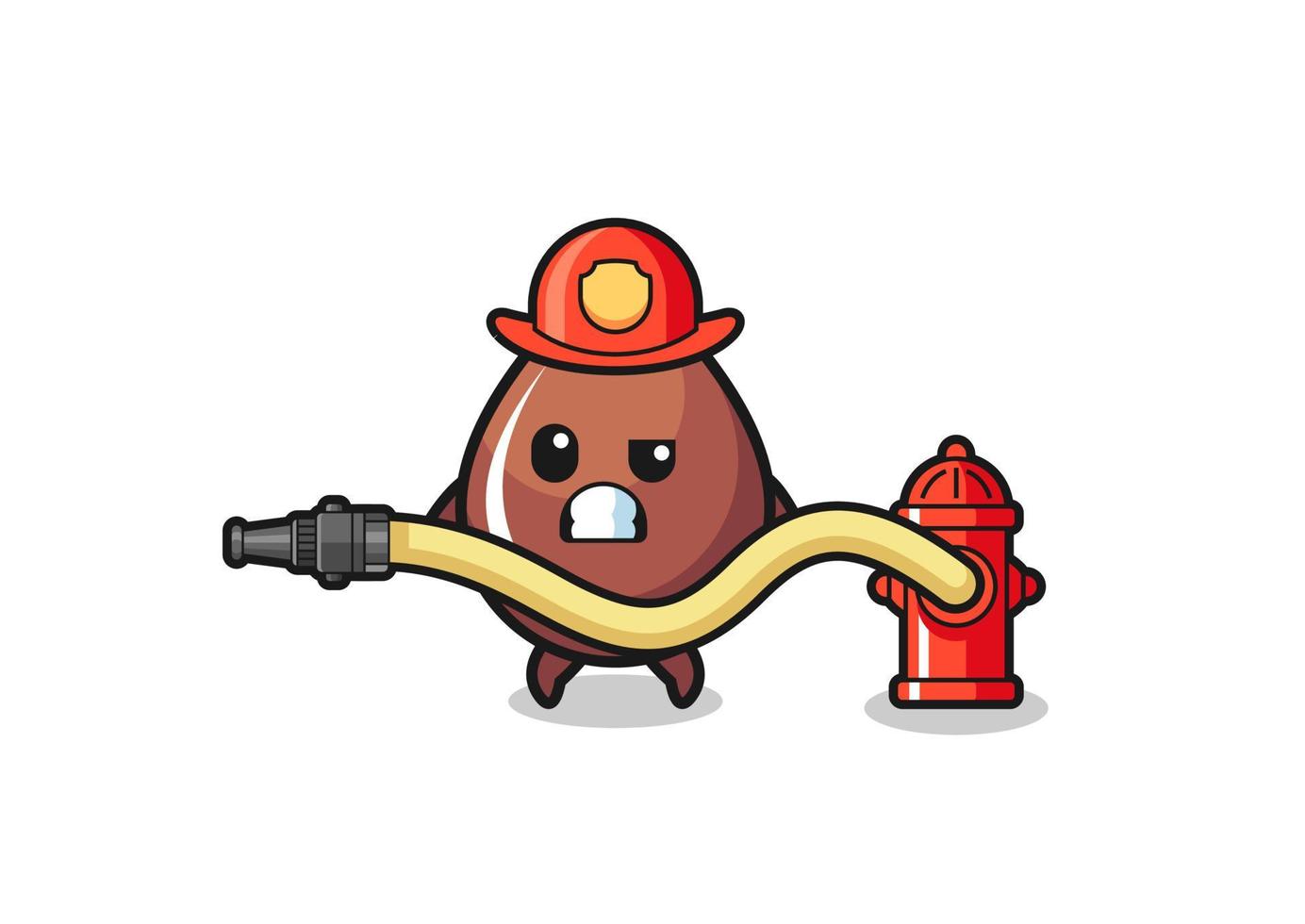 chocoladedruppel cartoon als brandweerman mascotte met waterslang vector