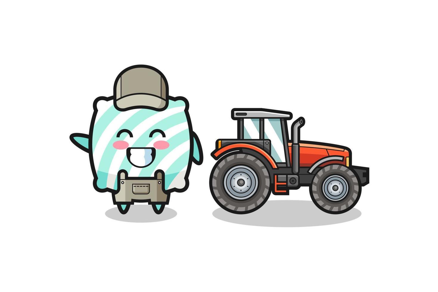 de mascotte van de kussenboer die naast een tractor staat vector