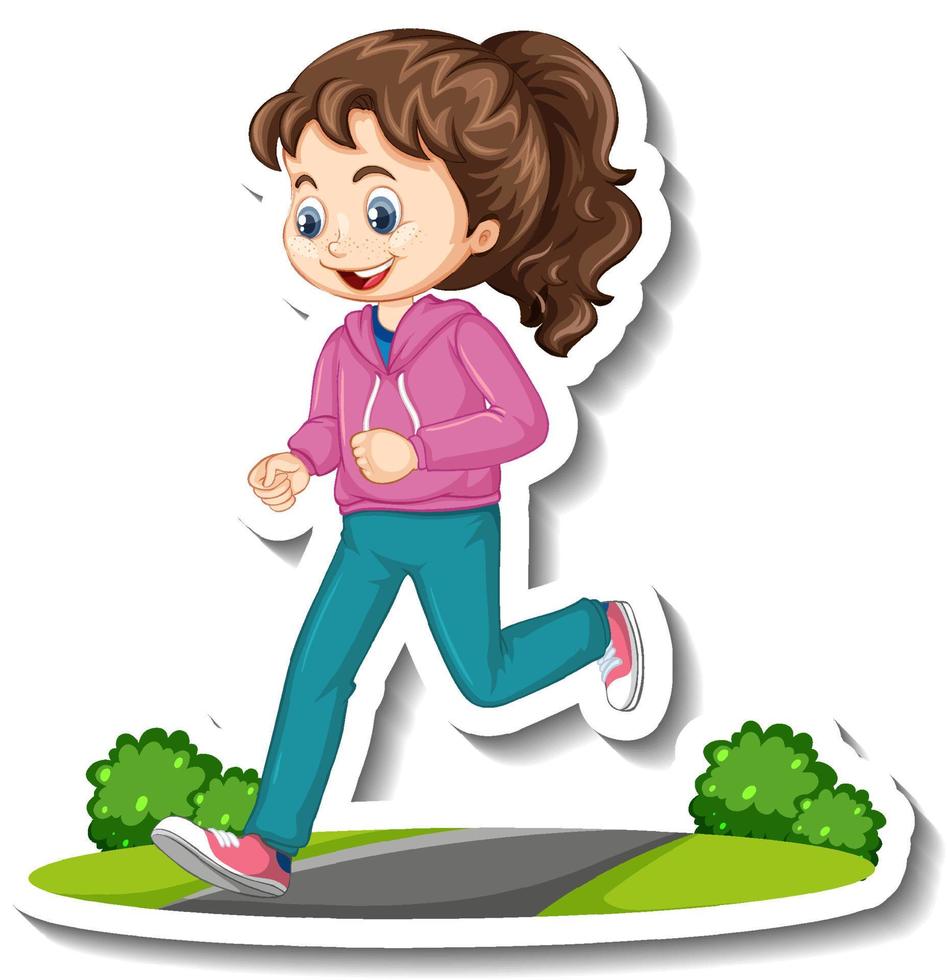 stripfiguur sticker met een meisje joggen op een witte achtergrond vector