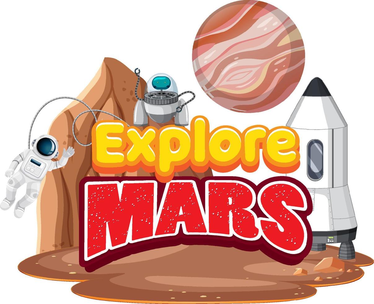 verken mars woord logo-ontwerp met astronaut en planeet vector