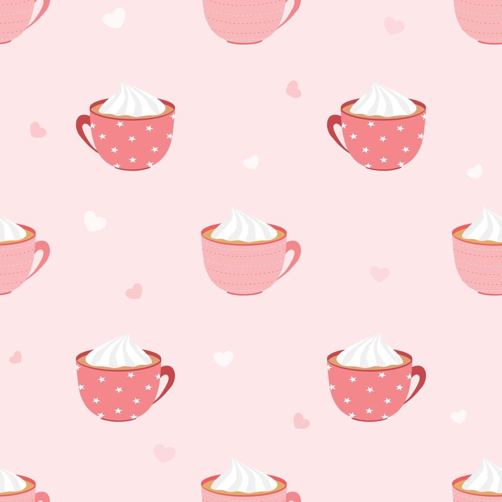 vector - abstract naadloos patroon van warme koffie of chocoladekop met slagroom en miniharten op roze achtergrond. drank, café. kan worden gebruikt voor afdrukken, papier, verpakking, stof.