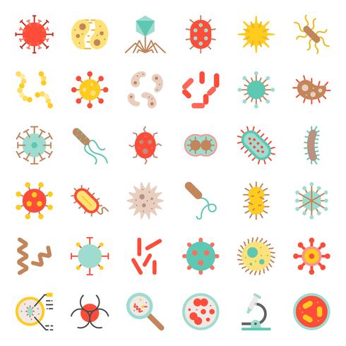 Bacteriën en virus, schattige micro-organisme pictogrammenset, vlakke stijl vector