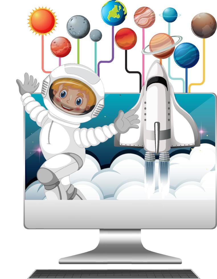 computer met astronautentekenfilm vector