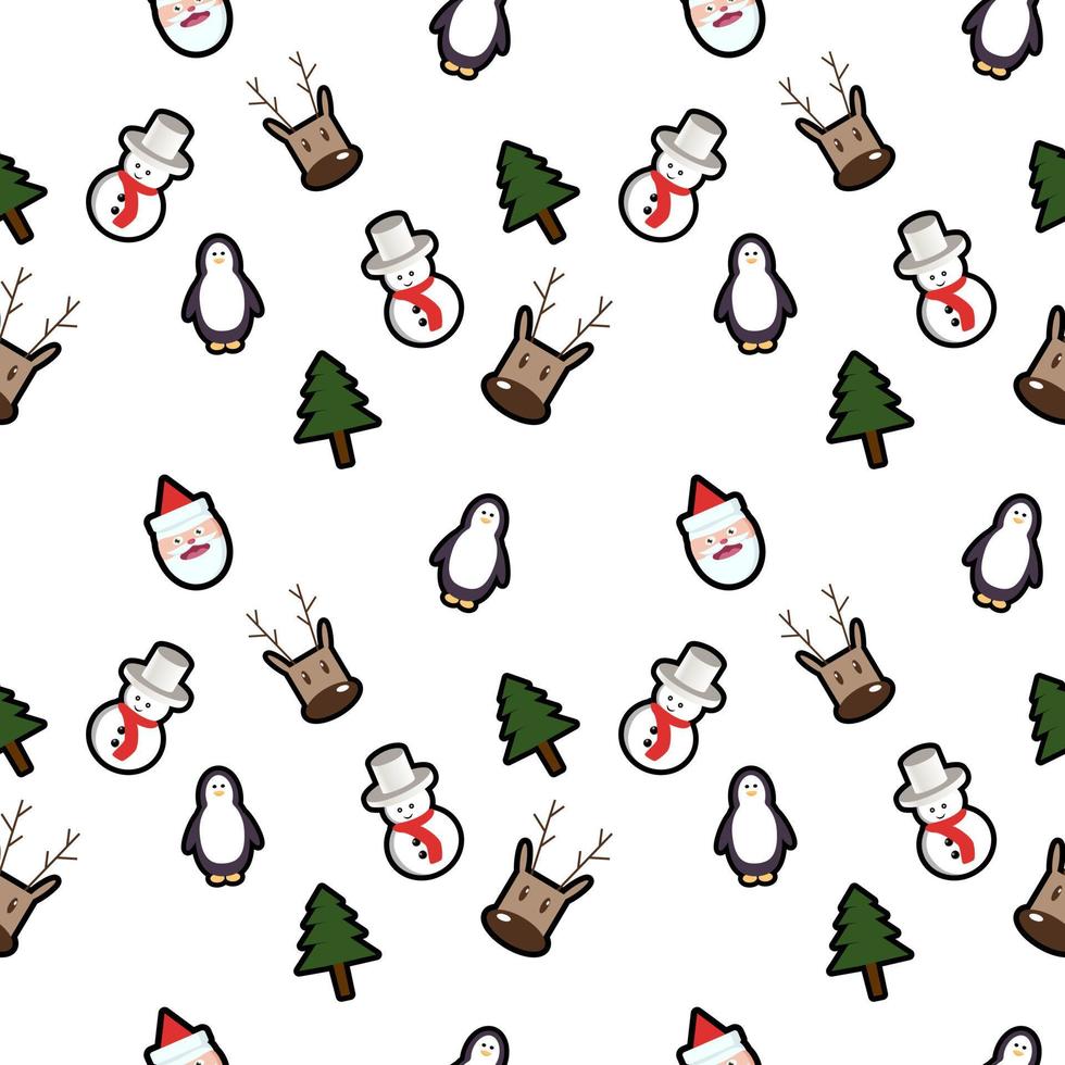 herten hoofd, santa hoofd, pinguïn, sneeuwpop, kerstboom naadloze patroon achtergrond. perfect voor wintervakantiestof, cadeaupapier, plakboek, ontwerpprojecten voor wenskaarten. vector