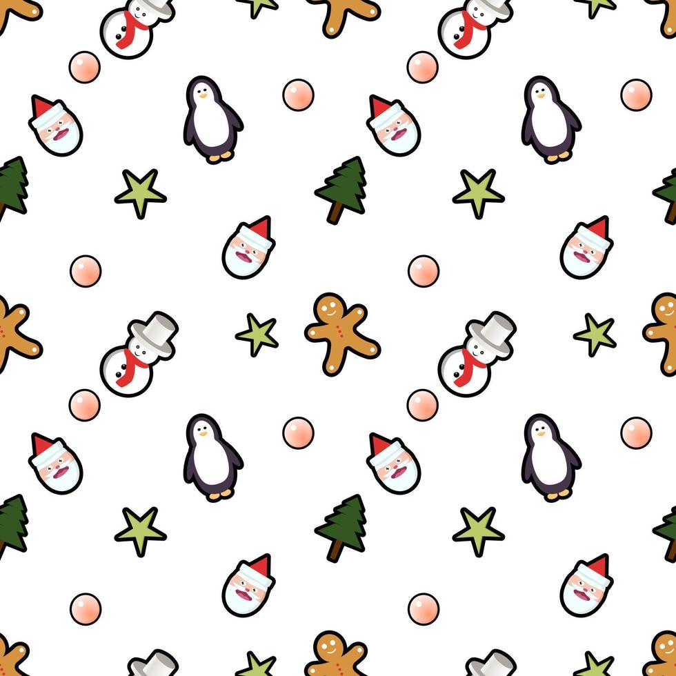 kerstboom, kerstman met hoed, pinguïn, decoratieve bal, sterren, sneeuwpop naadloze patroonachtergrond. perfect voor wintervakantiestof, cadeaupapier, plakboek, ontwerpprojecten voor wenskaarten. vector