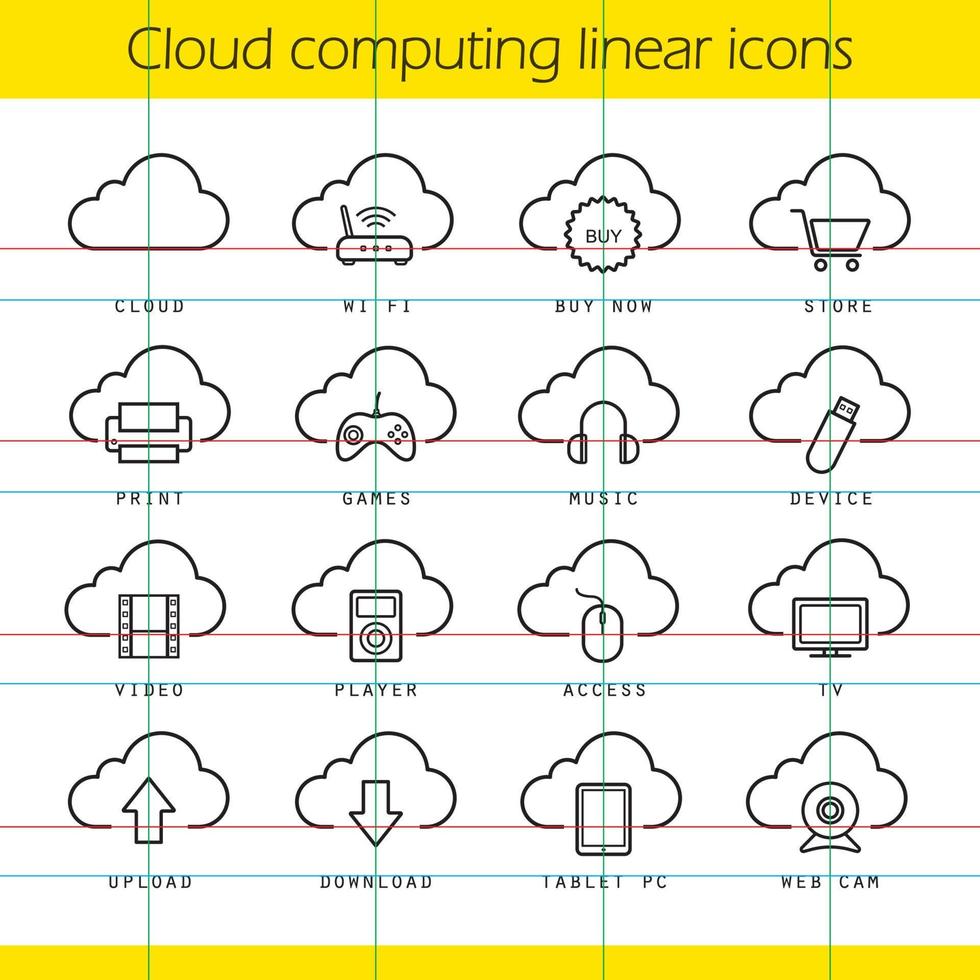 cloud computing lineaire pictogrammen instellen. koop nu, download, upload en print pictogrammen. muziek-, video- en tv-symbolen. cloud computing dunne lijn concepten. cloud technologie vector geïsoleerde schets illustraties