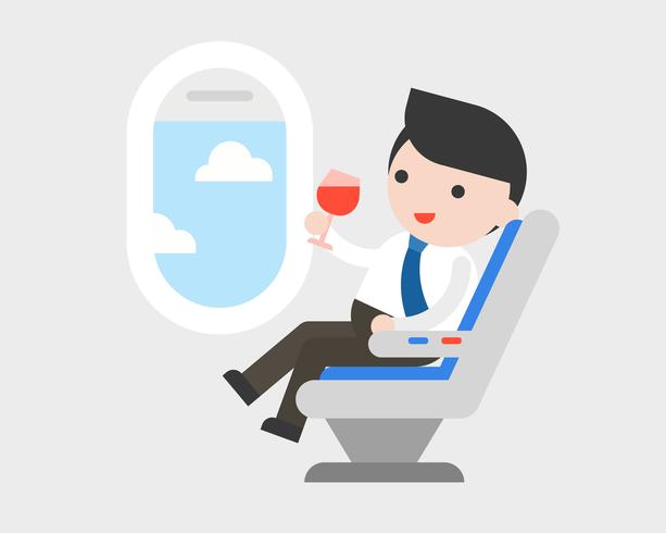Zakenmanzitting bij zetel met glas wijn tijdens de vlucht vector
