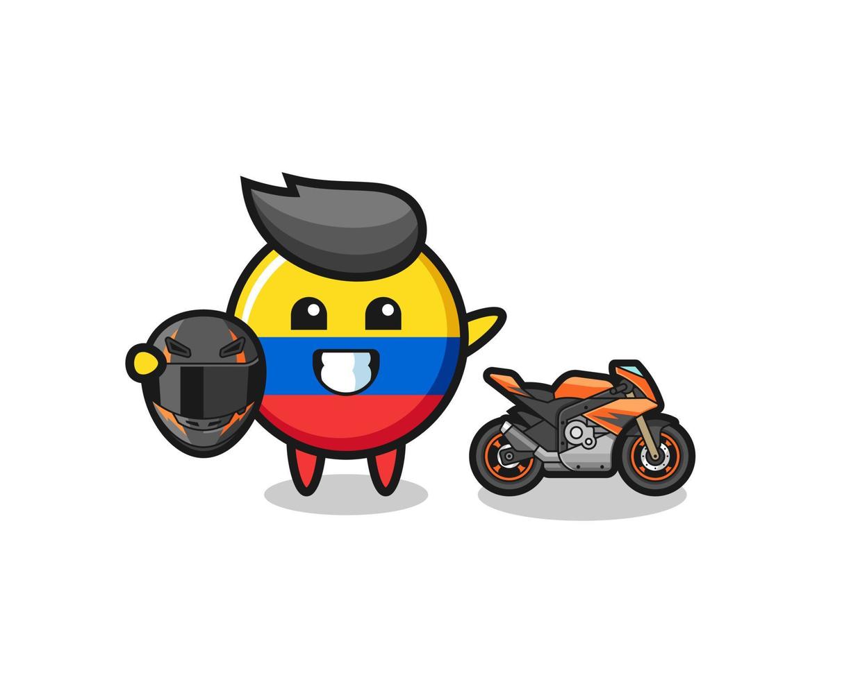 leuke cartoon vlag van Colombia als motorcoureur vector