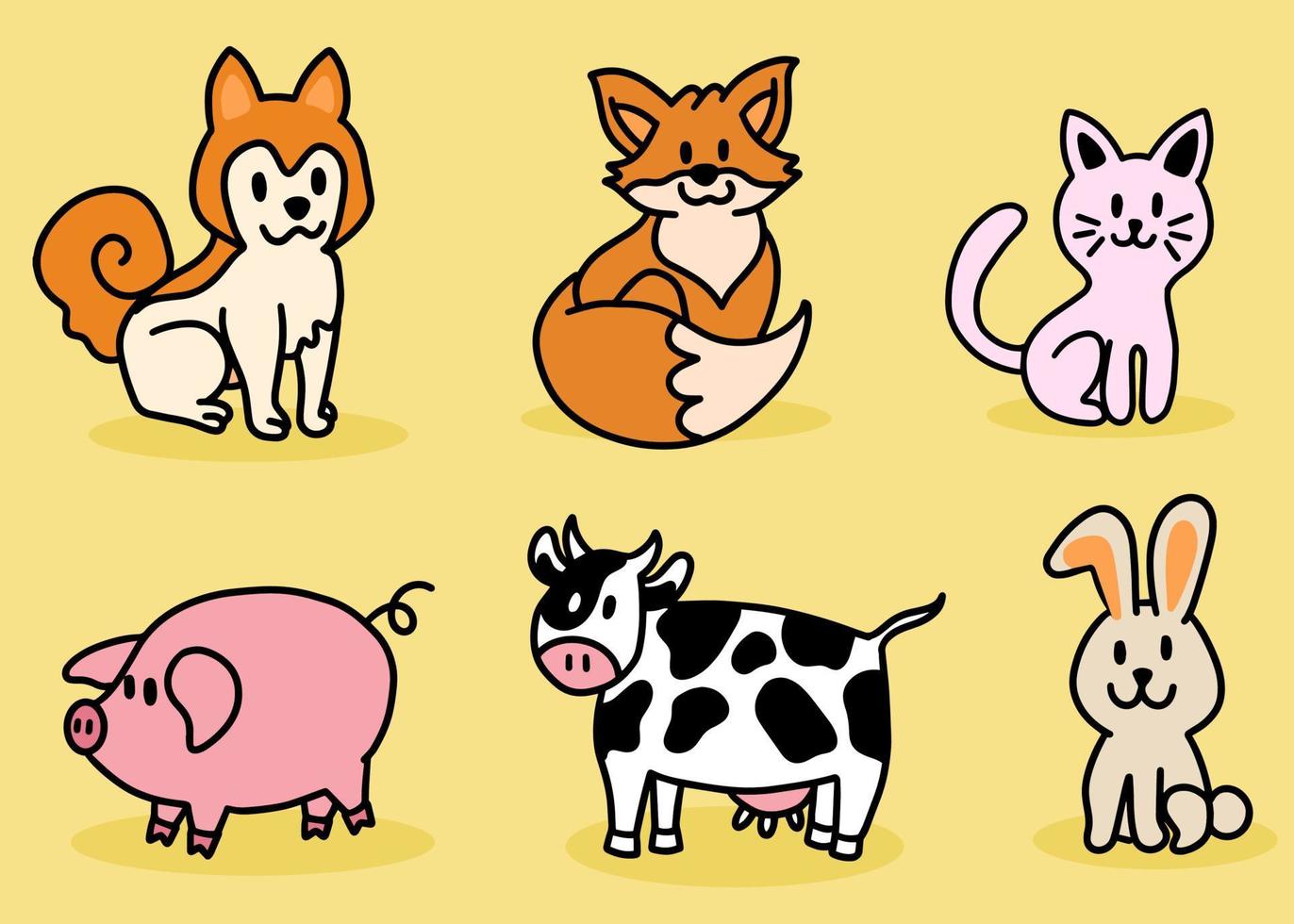 schattige dieren set hond shiba, vos, kat, varken, koe, konijn lijntekeningen cartoon vector