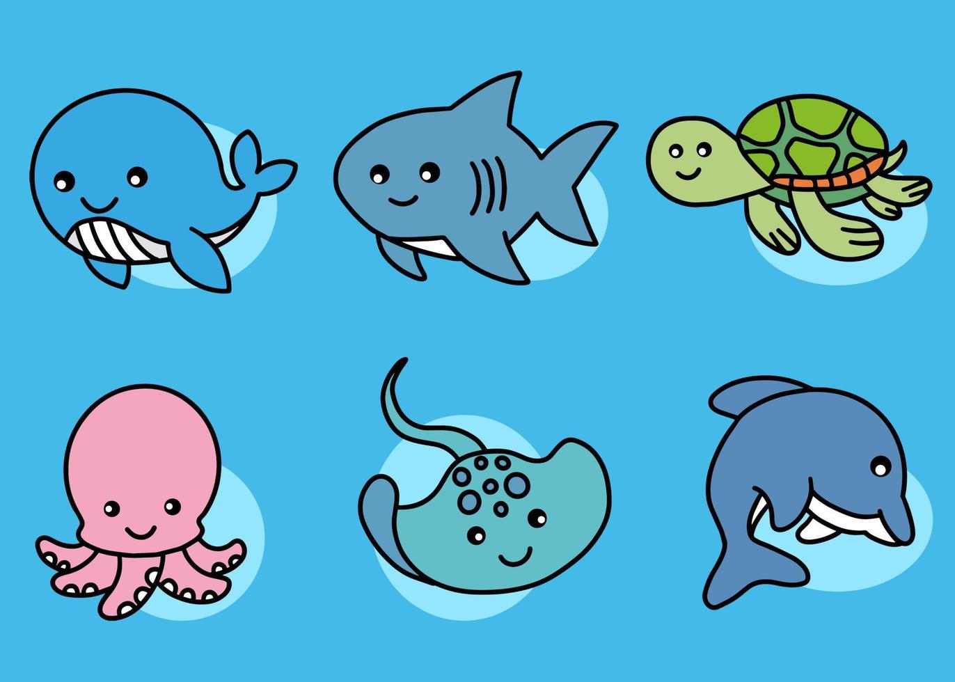 set schattige dieren zeevissen oceaan cartoon wiel, haai, schildpad, inktvis, pijlstaartrog, dolfijn collectie illustratie vector