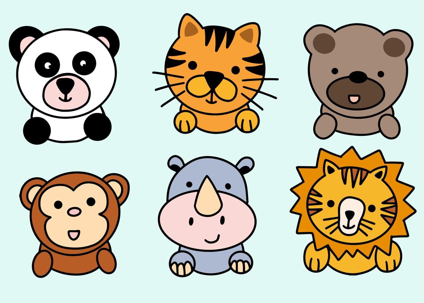 schattige dieren set hond shiba, vos, kat, varken, koe, konijn lijntekeningen cartoon vector