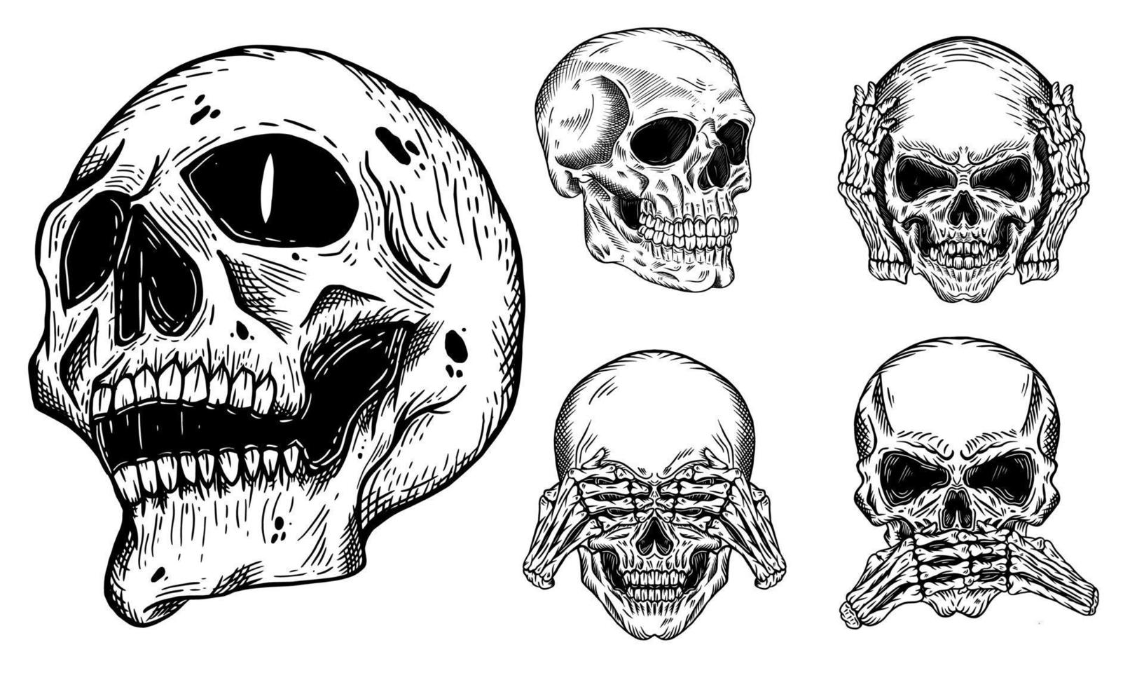 donkere illustratie schedel hoofd handgetekende arcering schetsstijl vector