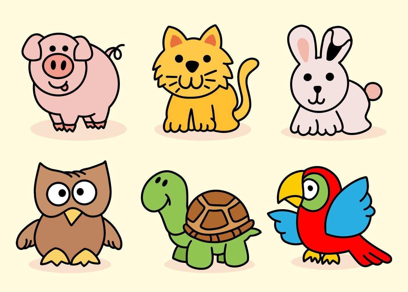 schattige dieren set varken, kat, konijn, uil, schildpad, vogel lijntekeningen cartoon vector