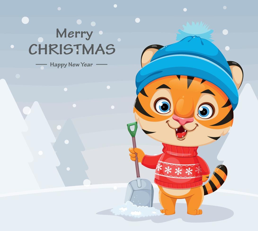 Vrolijk Kerstfeest. schattige stripfiguur tijger vector