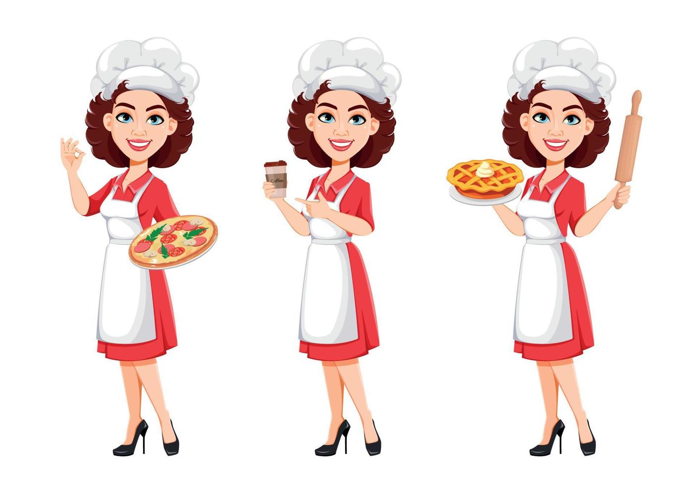 chef-kok vrouw, set van drie poses. kokvrouw vector