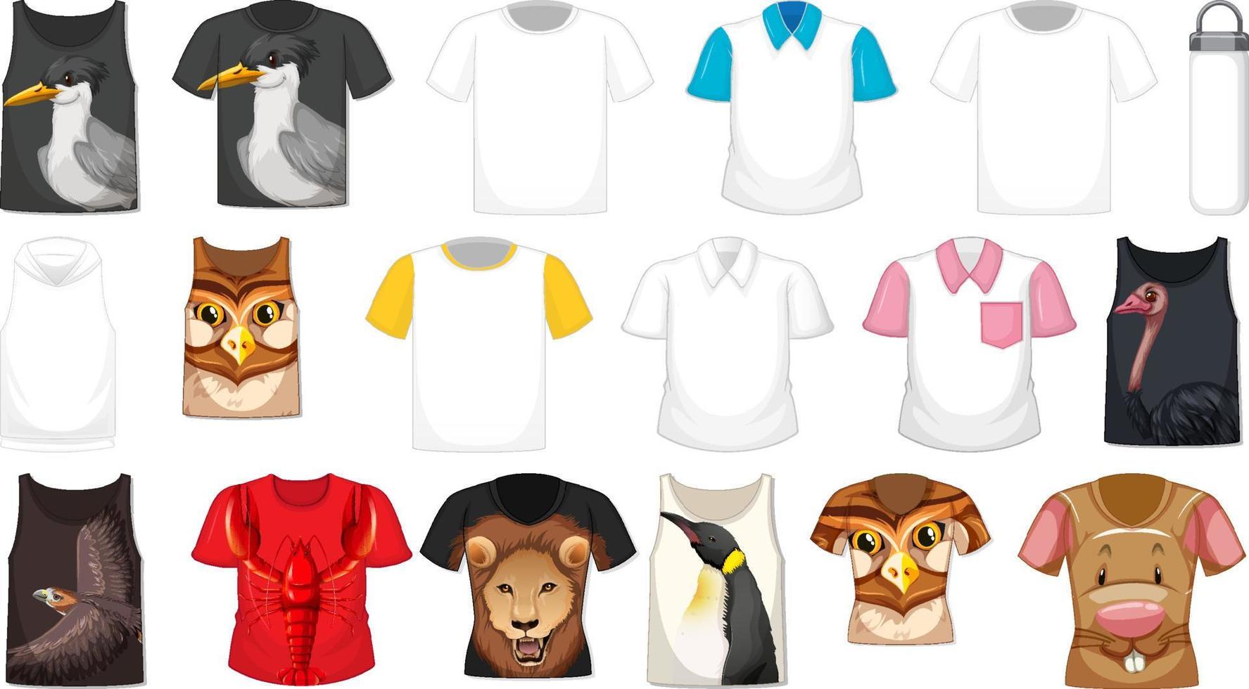 set van verschillende shirts en accessoires met dierenpatronen vector