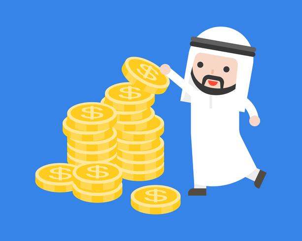 Leuke Arabische zakenman zet gouden munten op stapel geld vector