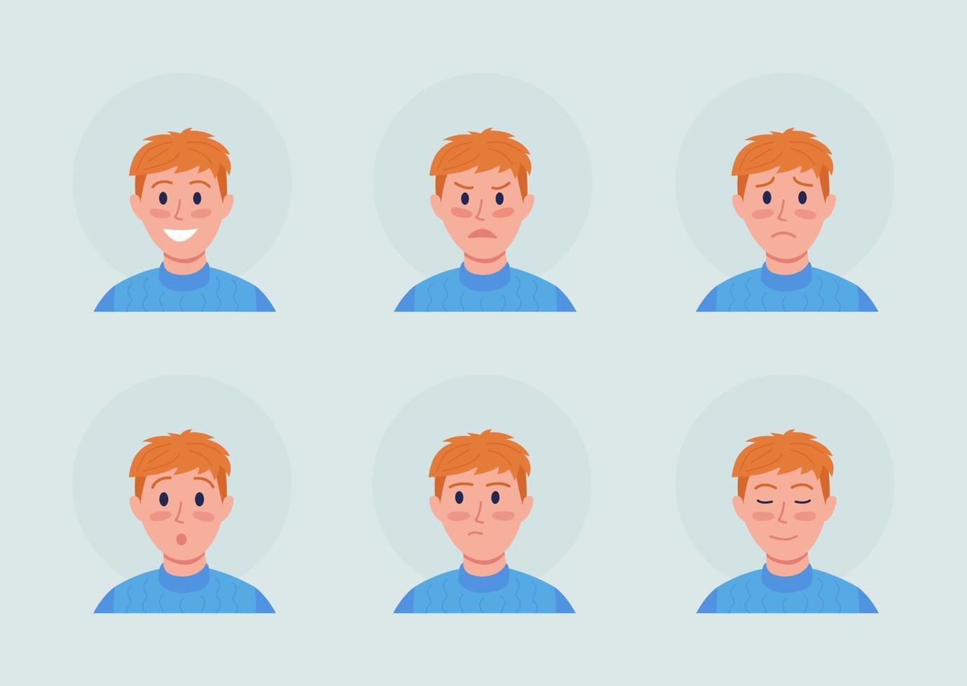 gemberjongen met verschillende emoties semi-egale kleur vector avatar karakterset