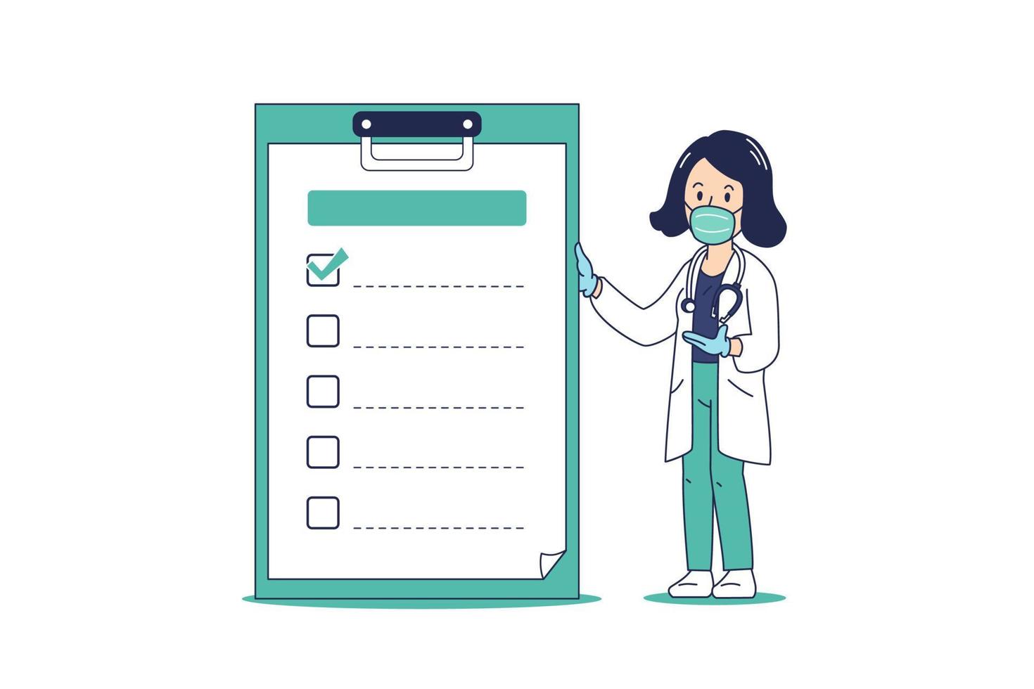 cartoon vrouwelijke arts die beschermend masker draagt met checklist op klembord vector