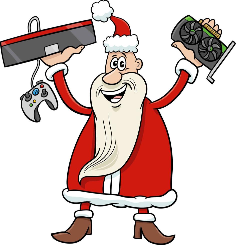 cartoon kerstman met grafische kaart en gameconsole vector