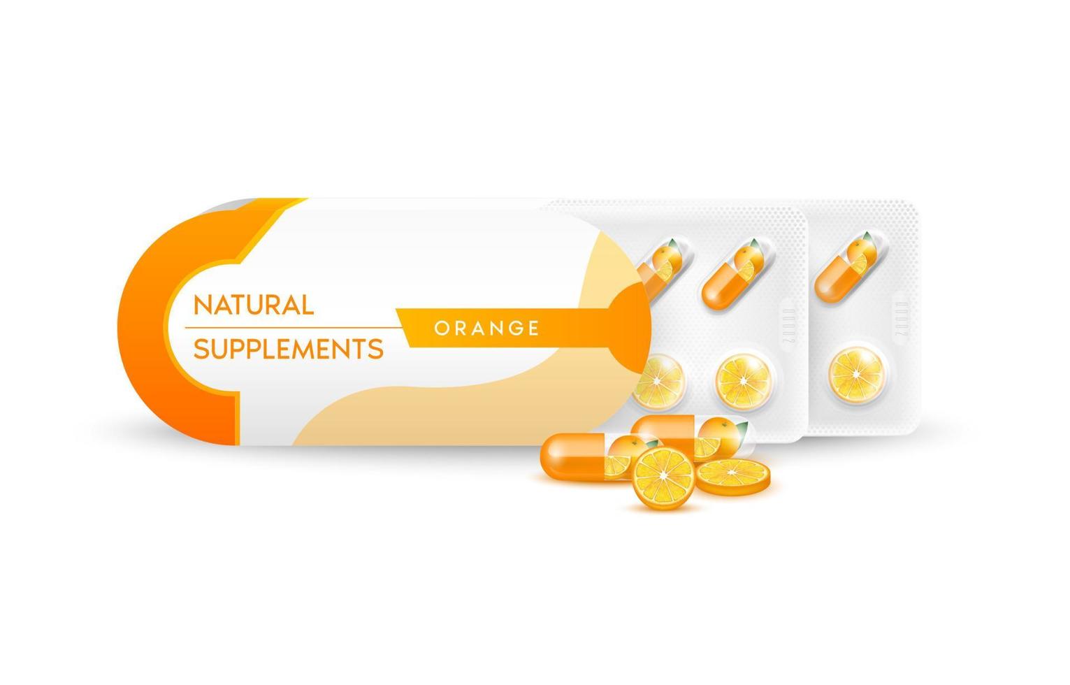 sinaasappel in capsule. natuurlijke supplementen vitamines en mineralen. plakjes groenten en fruit in een medicijnverpakking en doos. positieve schoonheid en medisch gezondheidsconcept. realistische 3D-vector. vector