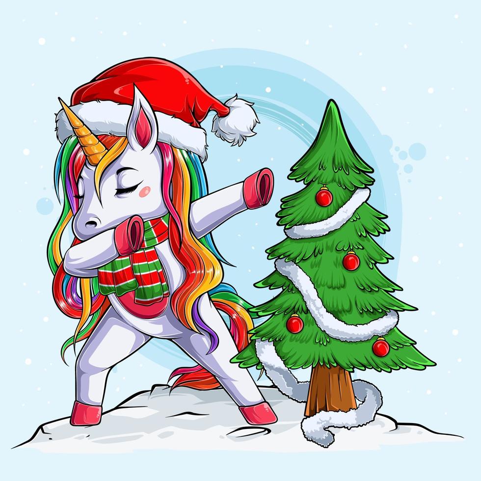 grappige eenhoorn met kerstmuts en sjaal die deppende dans rond de kerstboom doet vector