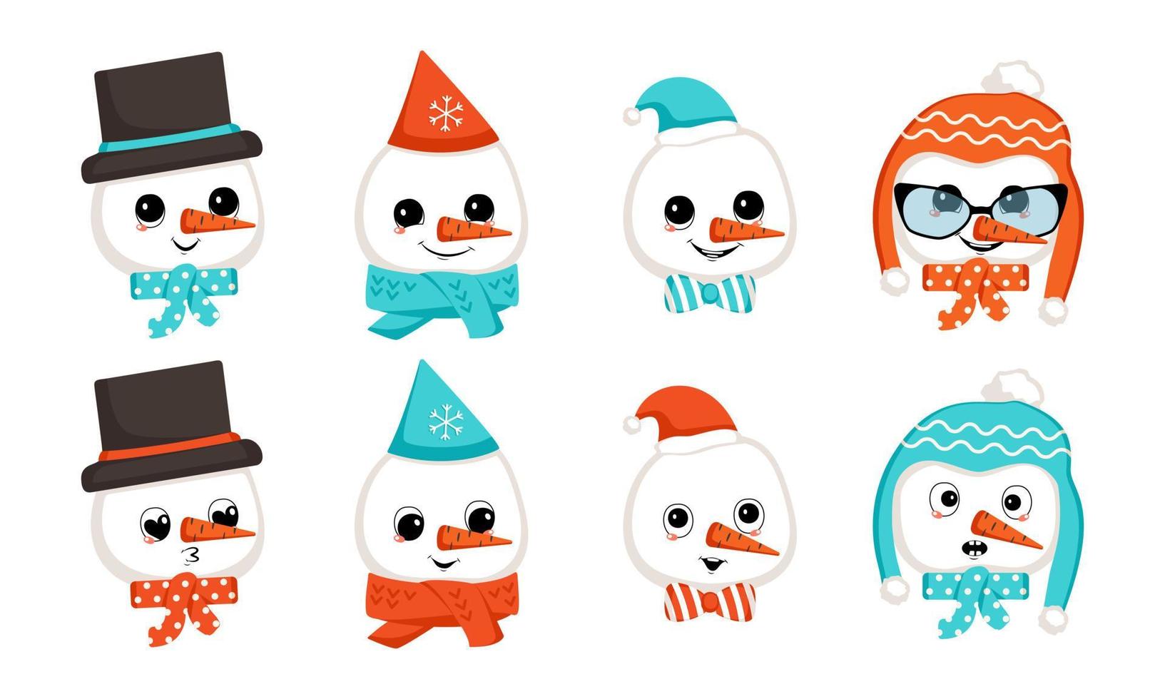 sneeuwpop met gelukkige emoties in pet of hoed. schattig karakter met vrolijk gezicht in feestelijk kostuum voor nieuwjaar en kerstmis. hoofd met een reeks grappige en bange emoties. platte vectorillustratie vector