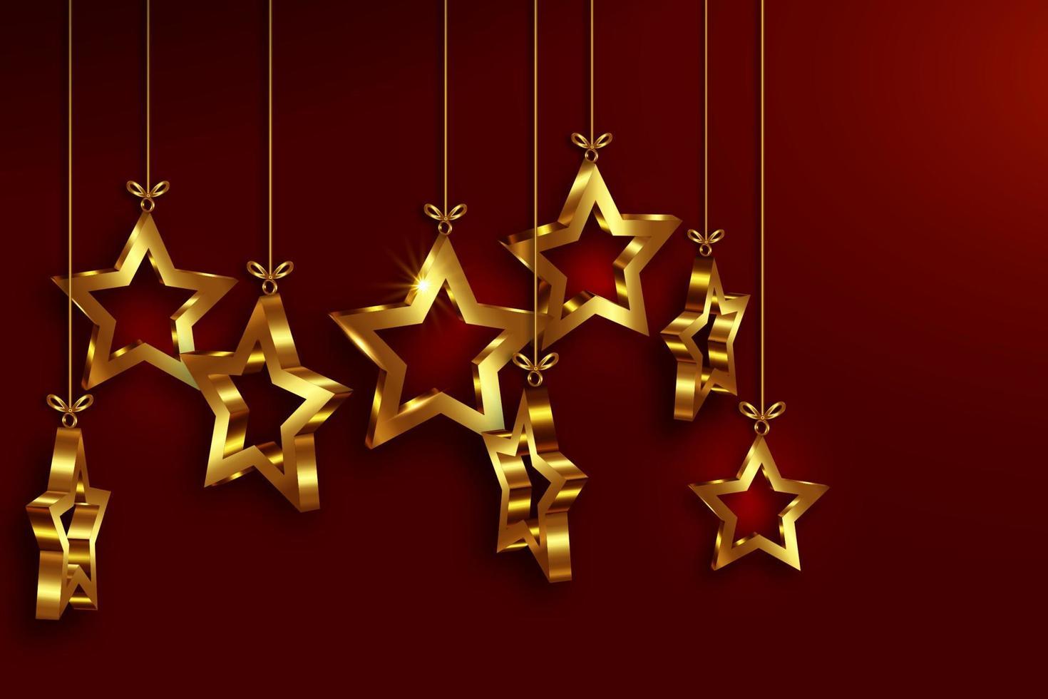 kerstballen in 3D-sterrenvorm, kerst luxe vakantiebanner met set gouden ster, vrolijk kerstfeest en gelukkig nieuwjaar wenskaart. gouden luxe vectorillustratie geïsoleerd op rode background vector