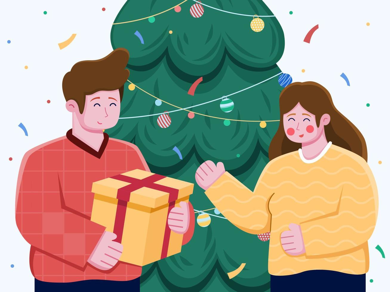 vlakke afbeelding van mensen die een kerstcadeau geven aan andere mensen met een blij gezicht. mensen die samen kerst vieren. kan worden gebruikt voor wenskaart, ansichtkaart, web, uitnodiging, banner, poster vector