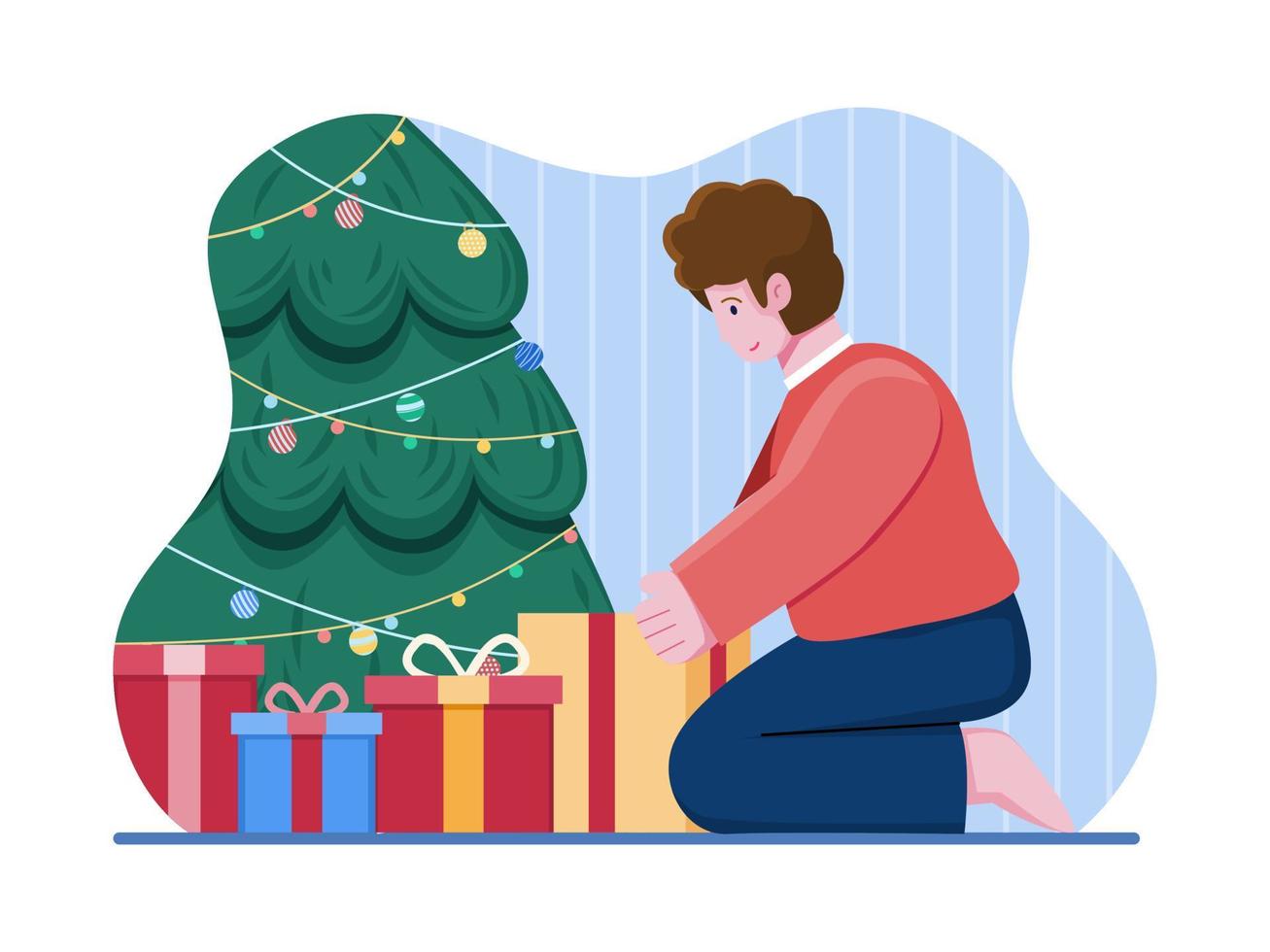 kinderen openen kerstcadeau met blij gezicht. mensen die een kerstcadeau uitpakken. kerst platte vector cartoon illustratie. kan worden gebruikt voor wenskaart, ansichtkaart, spandoek, poster, web, enz.