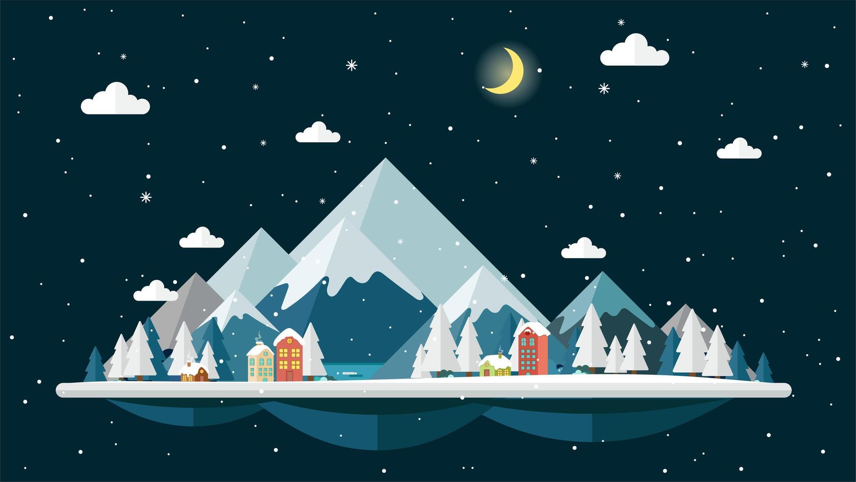 Platte ontwerp nacht van winterlandschap achtergrond vector