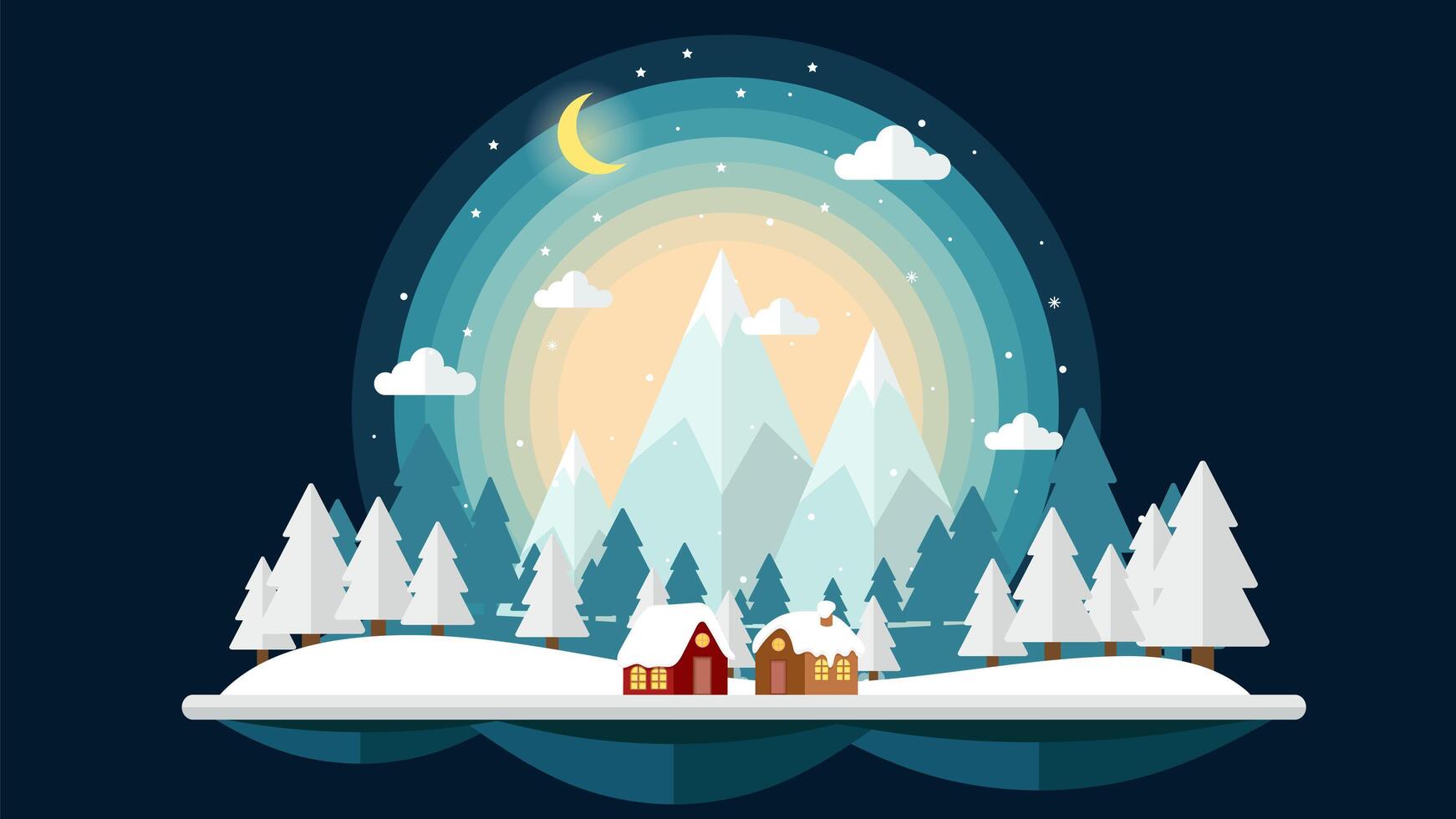 Platte ontwerp nacht van winterlandschap achtergrond vector