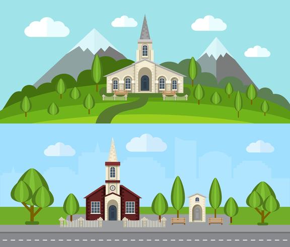 Kerk Flat Banner Set vector