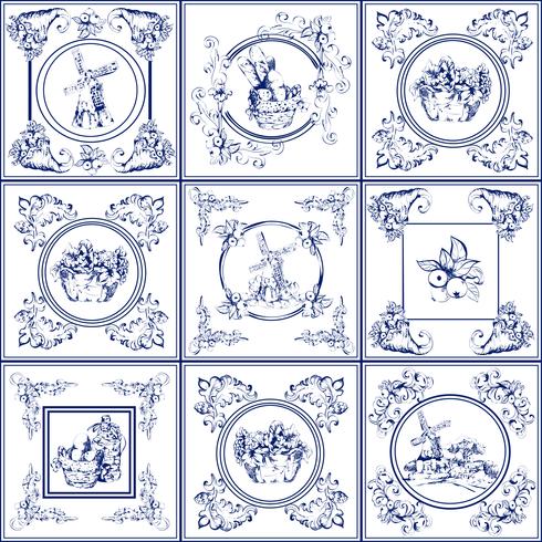 Beroemde delft blauwe tegels iconen collectie vector