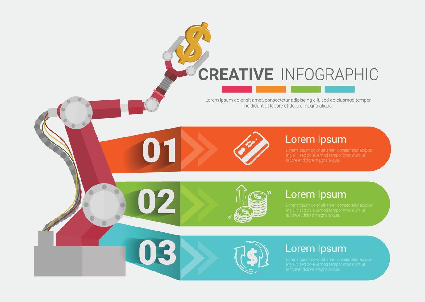 robotarm infographic 3 stappen voor productietechnologie-industrie vector