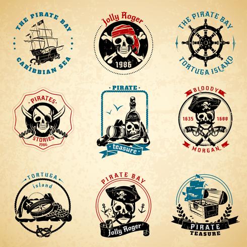 Piraat emblemen vintage oud papier set vector