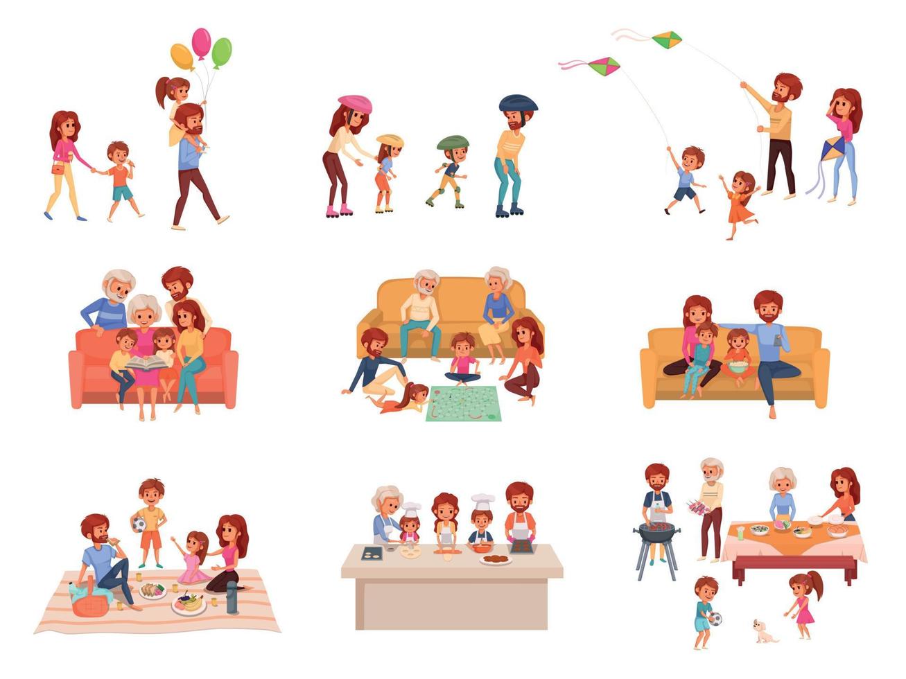 familie vakantie cartoon icon set vector