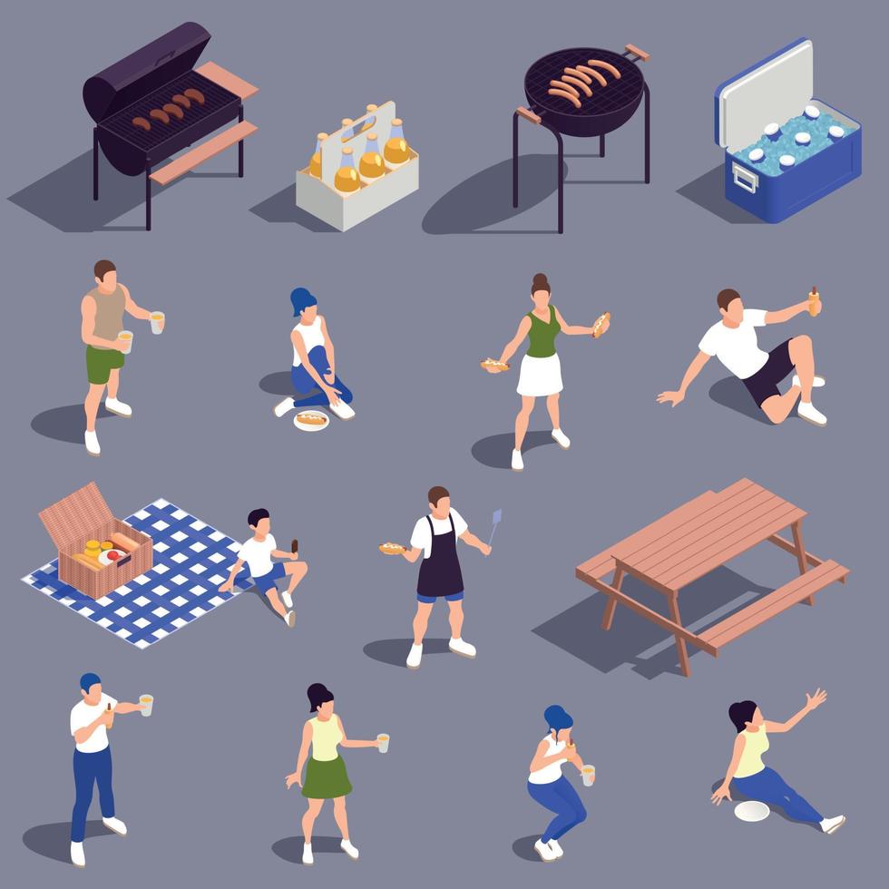 picknick barbecue isometrische set vector