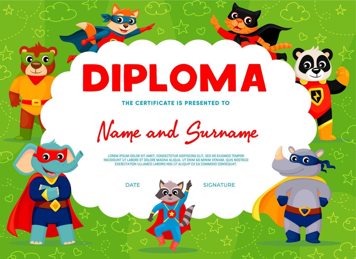 kinderen diploma, superheld tekenfilm dier tekens vector