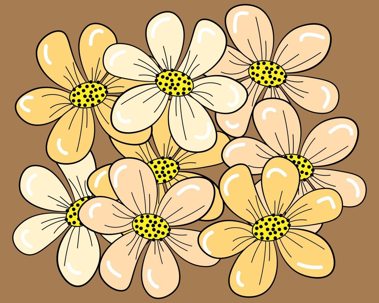 illustratie, delicate getekende contour bloemen van beige tinten op een bruine achtergrond, ontwerp voor kaarten, uitnodigingen, textiel, behang, posters vector