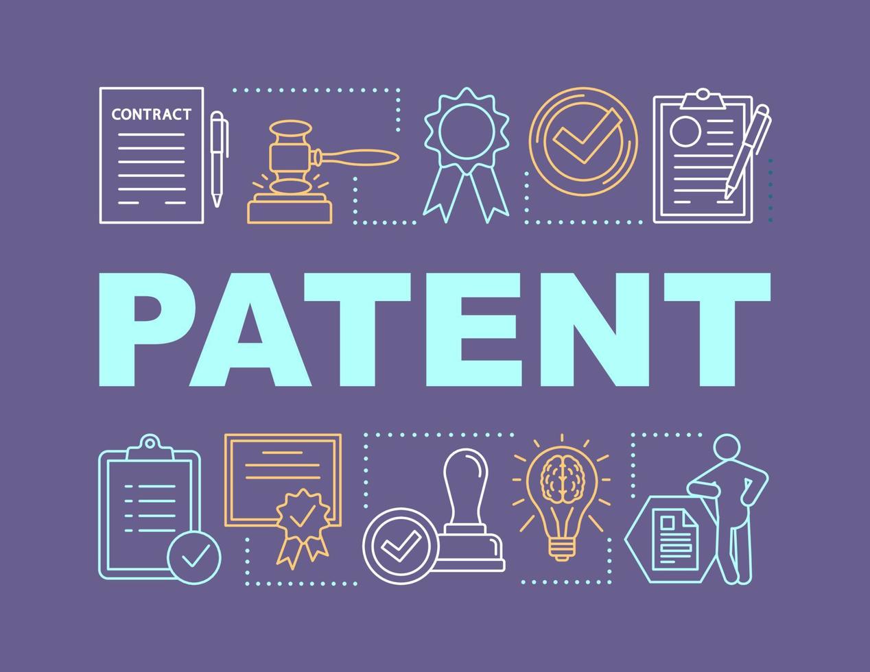 patent woord concepten banner. auteursrechten. licenties voor uitvindingen. auteursrechten rechtsbescherming. presentatie, website. geïsoleerde belettering typografie idee met lineaire pictogrammen. vector overzicht illustratie