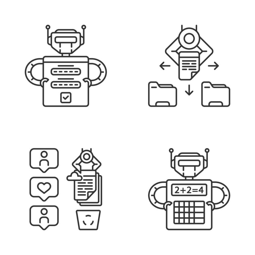 rpa lineaire pictogrammen instellen. voordelen van robotprocesautomatisering. login, bestanden en mappen, sm data scraping, berekening. dunne lijn contour symbolen. geïsoleerde vectoroverzichtsillustraties. bewerkbare streek vector