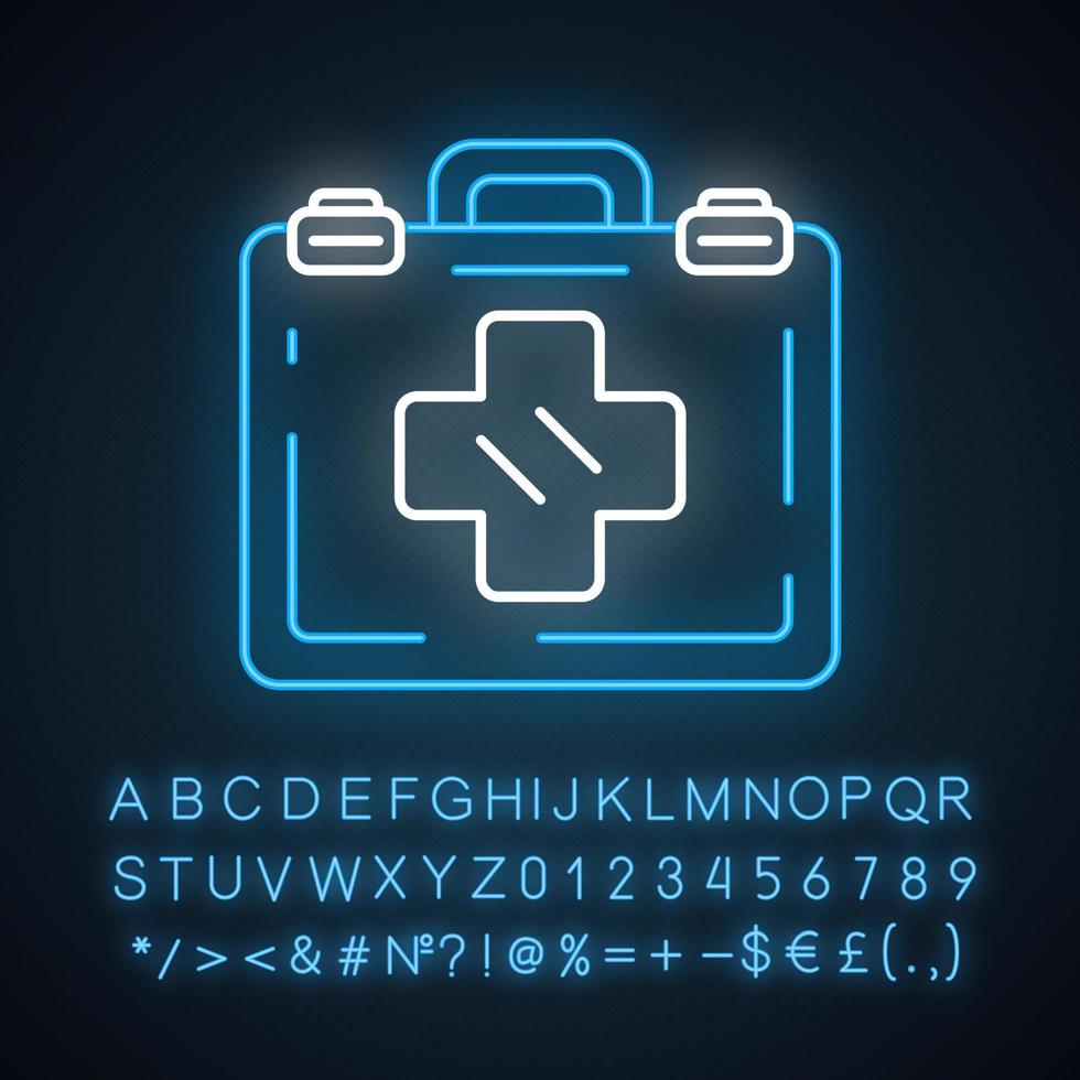 noodhulp neonlichtpictogram. vliegtuig EHBO-kit. medicijntas met medicijnen. vliegtuig veiligheid. gloeiend bord met alfabet, cijfers en symbolen. vector geïsoleerde illustratie