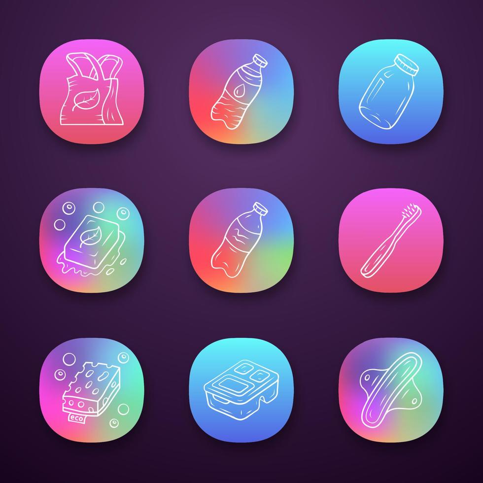 zero waste swaps handgemaakte app iconen set. milieuvriendelijke, herbruikbare materialen. lunchbox, eco-sponzen, plastic fles. ui ux-gebruikersinterface. web- of mobiele applicaties. geïsoleerde vectorillustraties vector