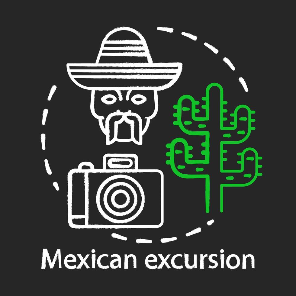 mexicaanse excursie krijt concept icoon. Zuid-Amerikaanse woestijn bezienswaardigheden. rondreis door mexico. camera, mannen hoofd in sombrero, saguaro cactus idee. vector geïsoleerde schoolbordillustratie