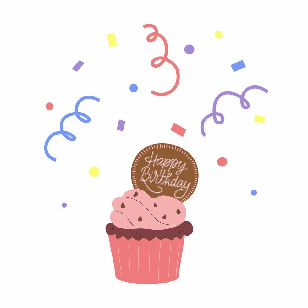 cupcake versierd met cookie en gelukkige verjaardagsgroet met confetti op de achtergrond. vakantie dessert vectorillustratie. sjabloon voor poster, kaart, reclame. vector